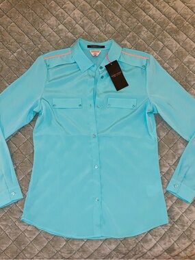 Maison Scotch by Scotch & Soda- Aqua Button-Down Shirt with Orange Shoulder Trim